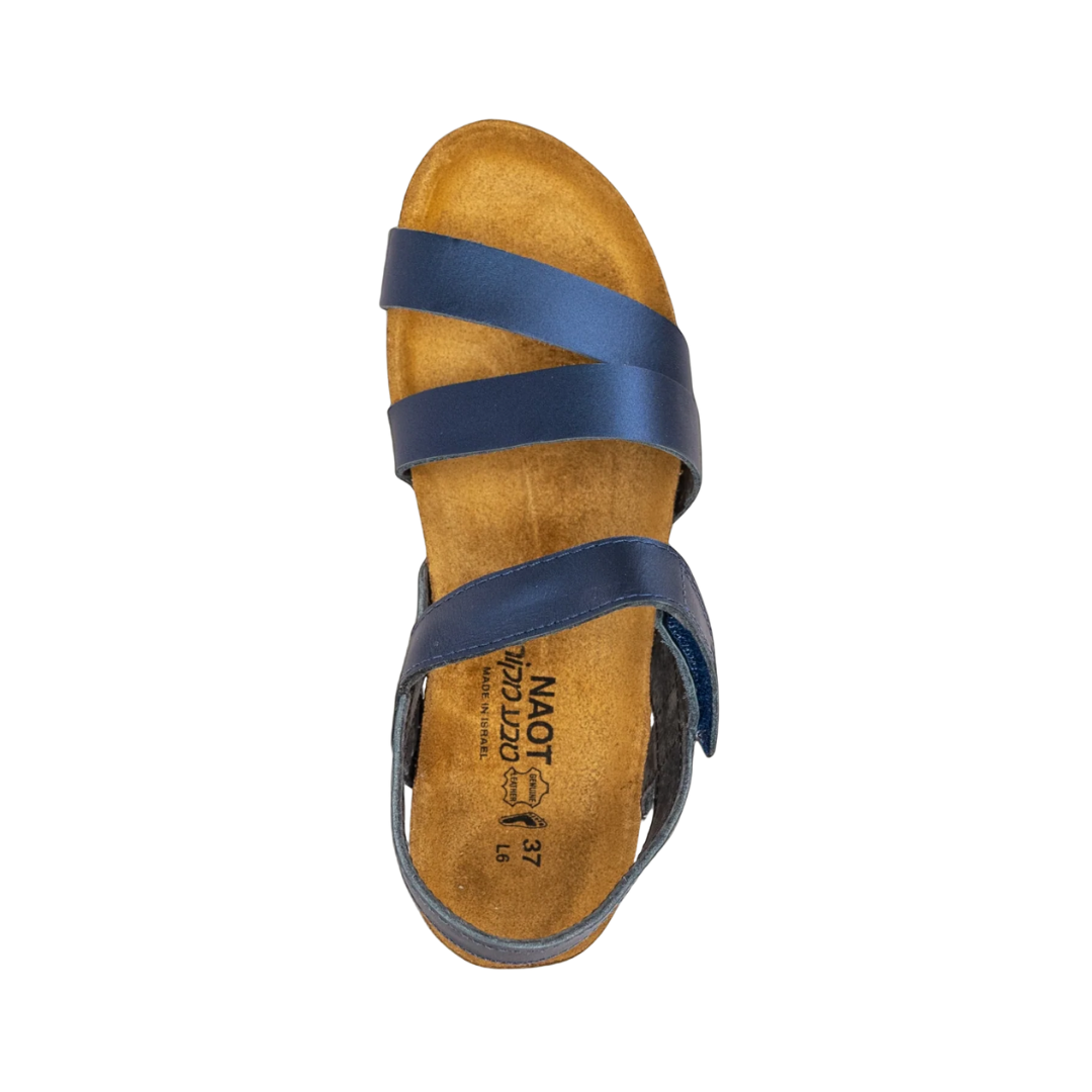 Front View of Women’s Naot Kayla sandal in polar sea leather – featuring a sleek three-strap silhouette, rounded open toe, and smooth leather finish.