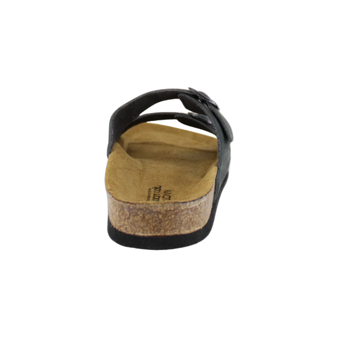 Back view of Men’s Santa Barbara in Oily Midnight – showing an open-heel slide sandal with a contoured footbed and slightly elevated heel for breathable comfort and slip-on convenience.
