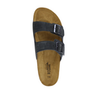 Top view of Men’s Santa Barbara in Oily Midnight – displaying the dark oily leather straps with dual buckle closures and an anatomically shaped suede-covered footbed designed for all-day wear and arch support.