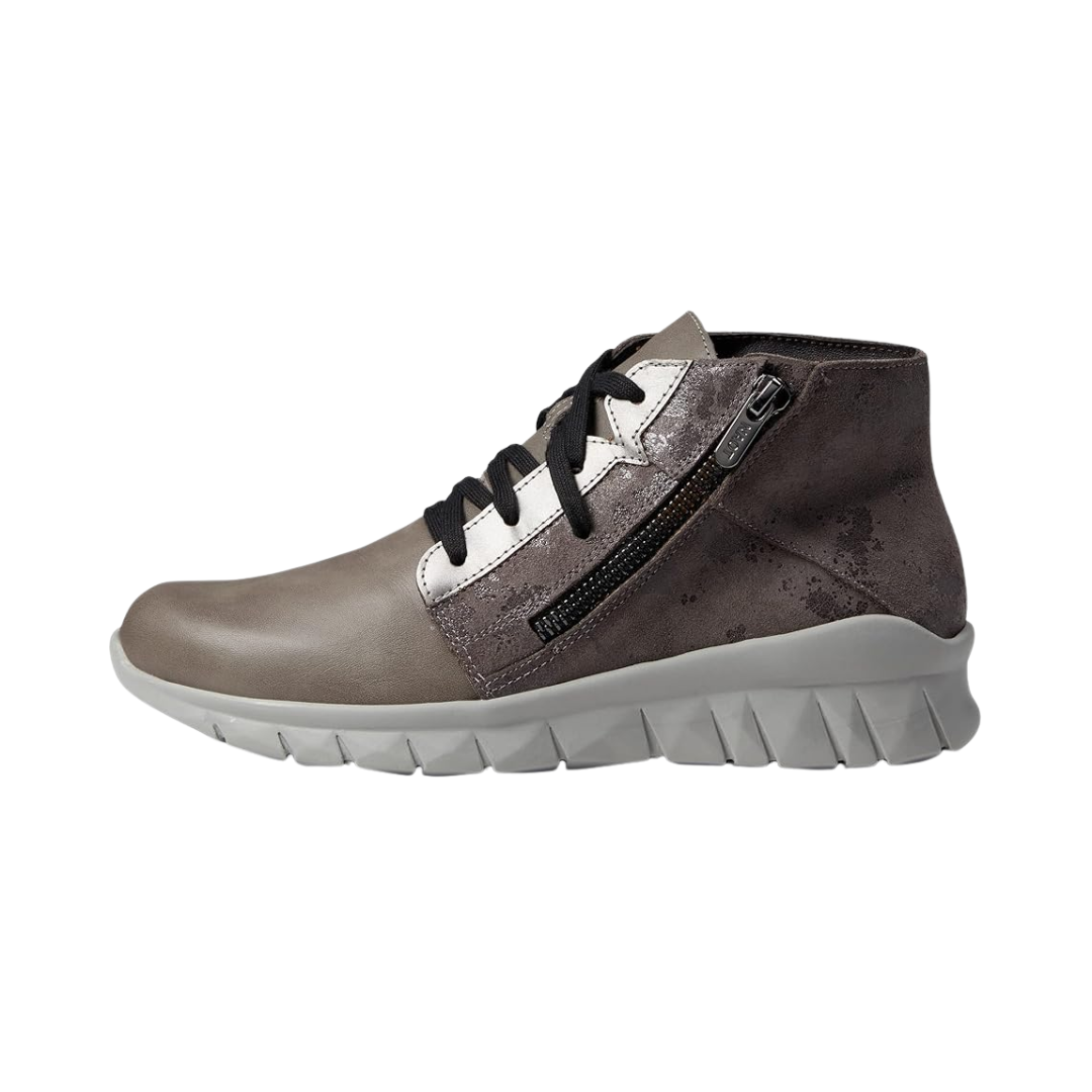 Side View of Women’s Naot Polaris shoe in foggy gray and gray marble – featuring a soft leather and suede upper, a supportive contoured cork and latex footbed, and a lightweight, flexible sole for all-day comfort.