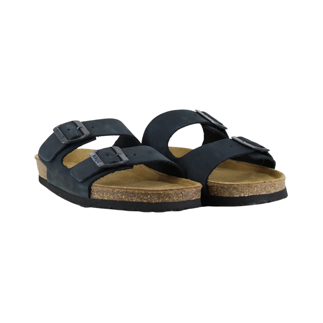 Front View of Women’s Naot Santa Barbara sandal in black nubuck – featuring a wide open-toe design, smooth nubuck straps, and adjustable metal buckles.