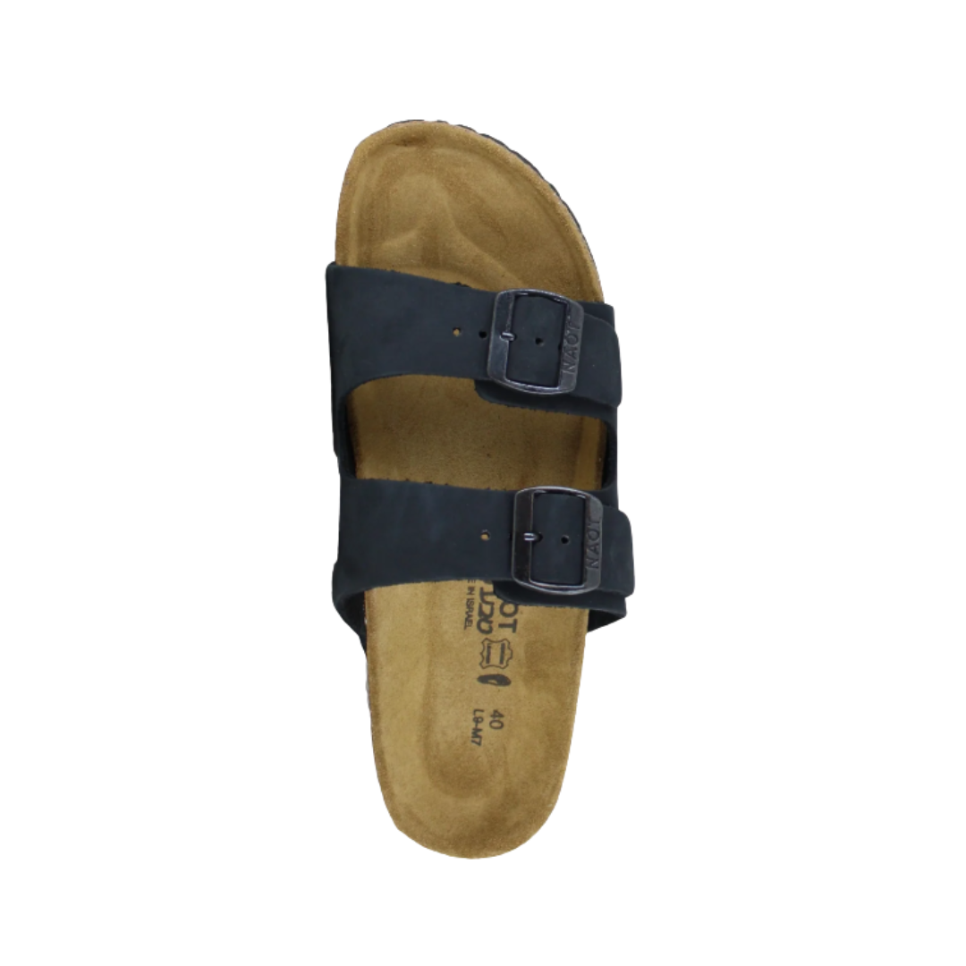 Top view of Women’s Santa Barbara in Black Nubuck – displaying dual adjustable black leather straps, soft suede-textured footbed, and ergonomic shaping for a sandal built for all-day walking comfort.