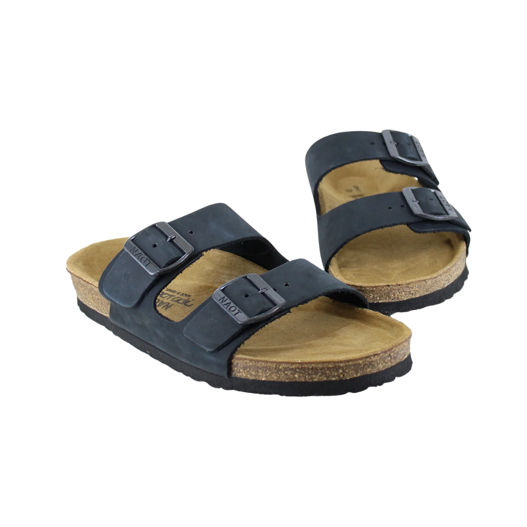 Angled View of Women’s Naot Santa Barbara sandal in black nubuck – featuring a dual adjustable buckle strap, a soft nubuck leather upper, and a contoured cork and latex footbed for support.