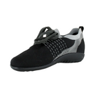 Side View of Women’s Naot Tama shoe in black and grey – featuring a supportive midsole, breathable leather and textile upper, and shock-absorbing outsole.