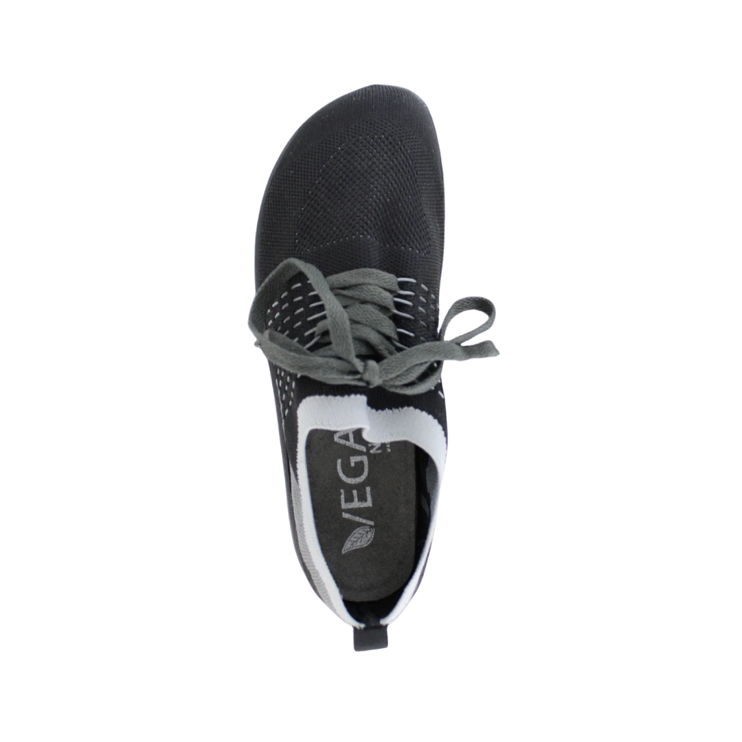 Top View of Women’s Naot Tama shoe in black and grey – featuring a contoured footbed, lace-up closure for secure fit, and soft lining for all-day comfort.