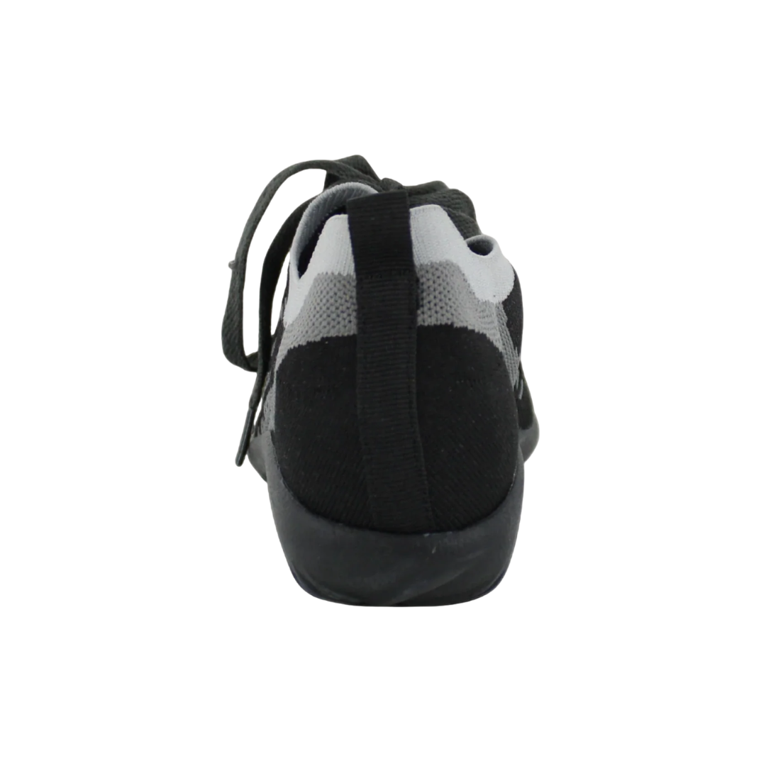 Back View of Women’s Naot Tama shoe in black and grey – featuring a padded heel collar, reinforced heel support, and flexible outsole design.