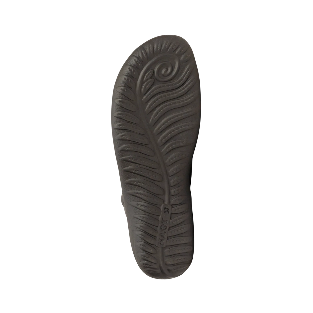 Bottom View of Women’s Naot Wanaka shoe in black leather – featuring a textured rubber outsole for grip, flexible construction, and a low-profile wedge.