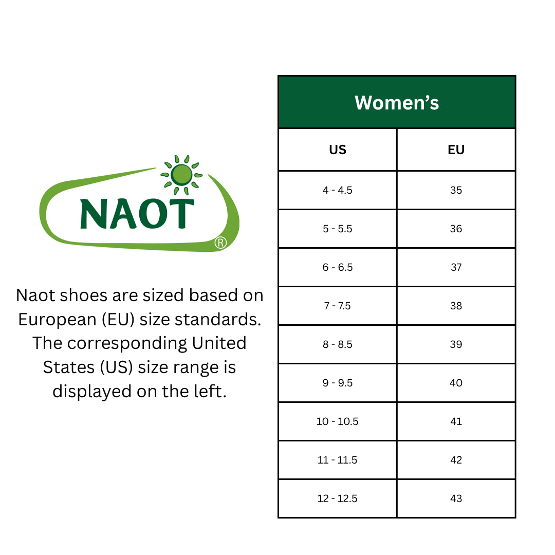 NAOT shoe size chart comparing US and EU sizes on a white background