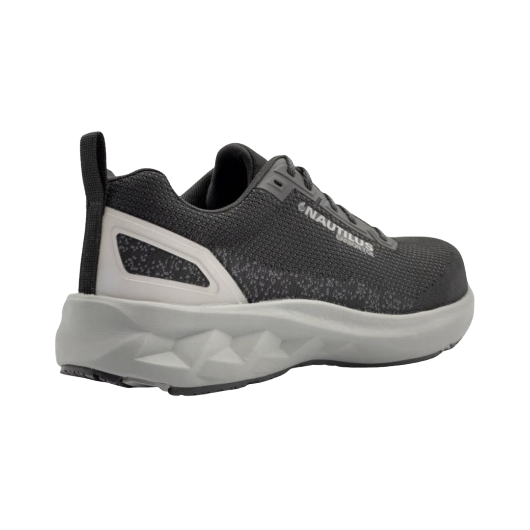 Angled View of Men’s Nautilus Springwater Carbon Fiber Toe Work Shoe in Black – featuring a lightweight carbon fiber safety toe, slip-resistant outsole, and breathable mesh upper for all-day comfort.