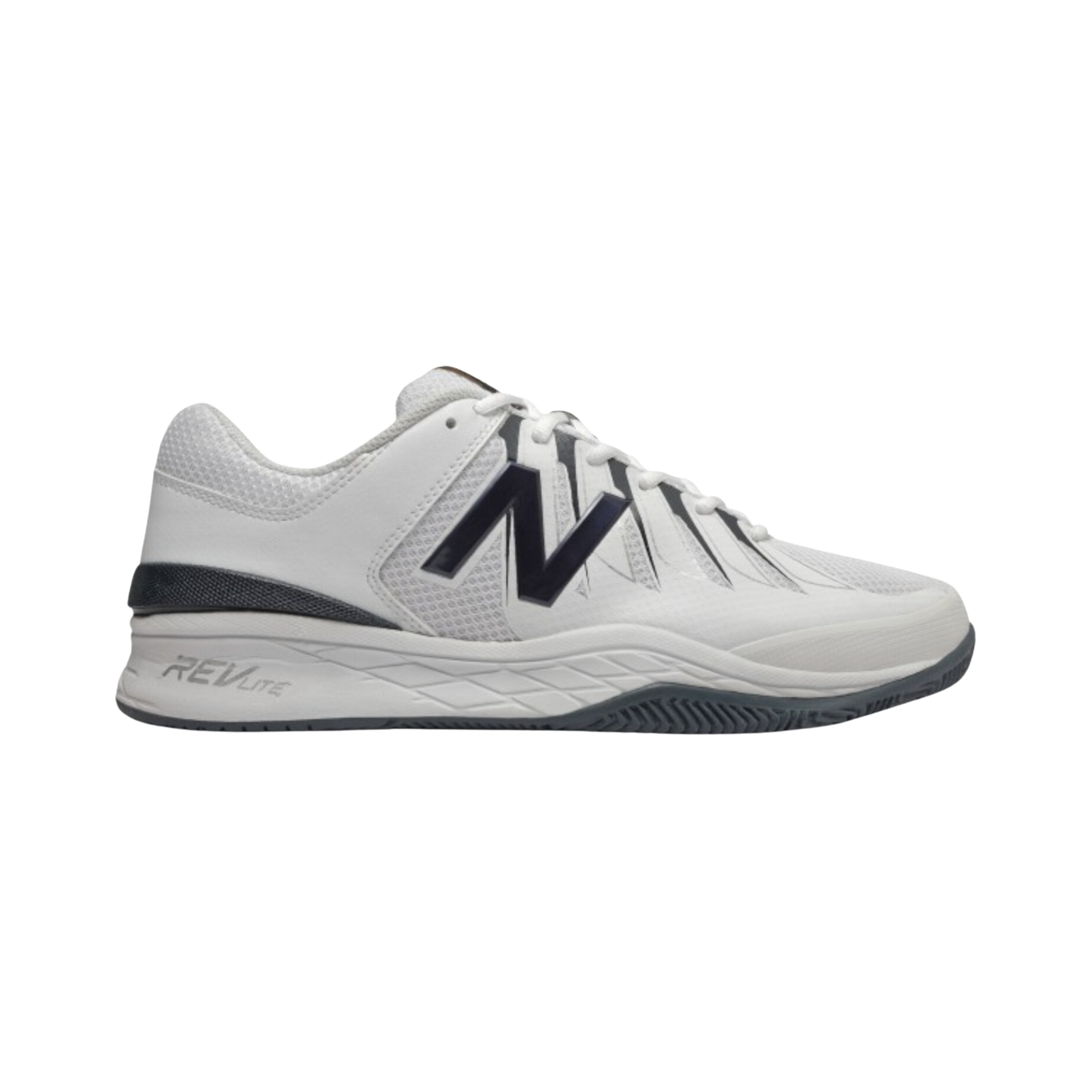 Side view of Men’s New Balance Court 1006 pickleball shoe in white, grey, and black – featuring breathable mesh and synthetic upper for support, cushioned midsole for comfort during lateral movements, durable outsole with traction pattern for court grip, and low-profile design for agility.