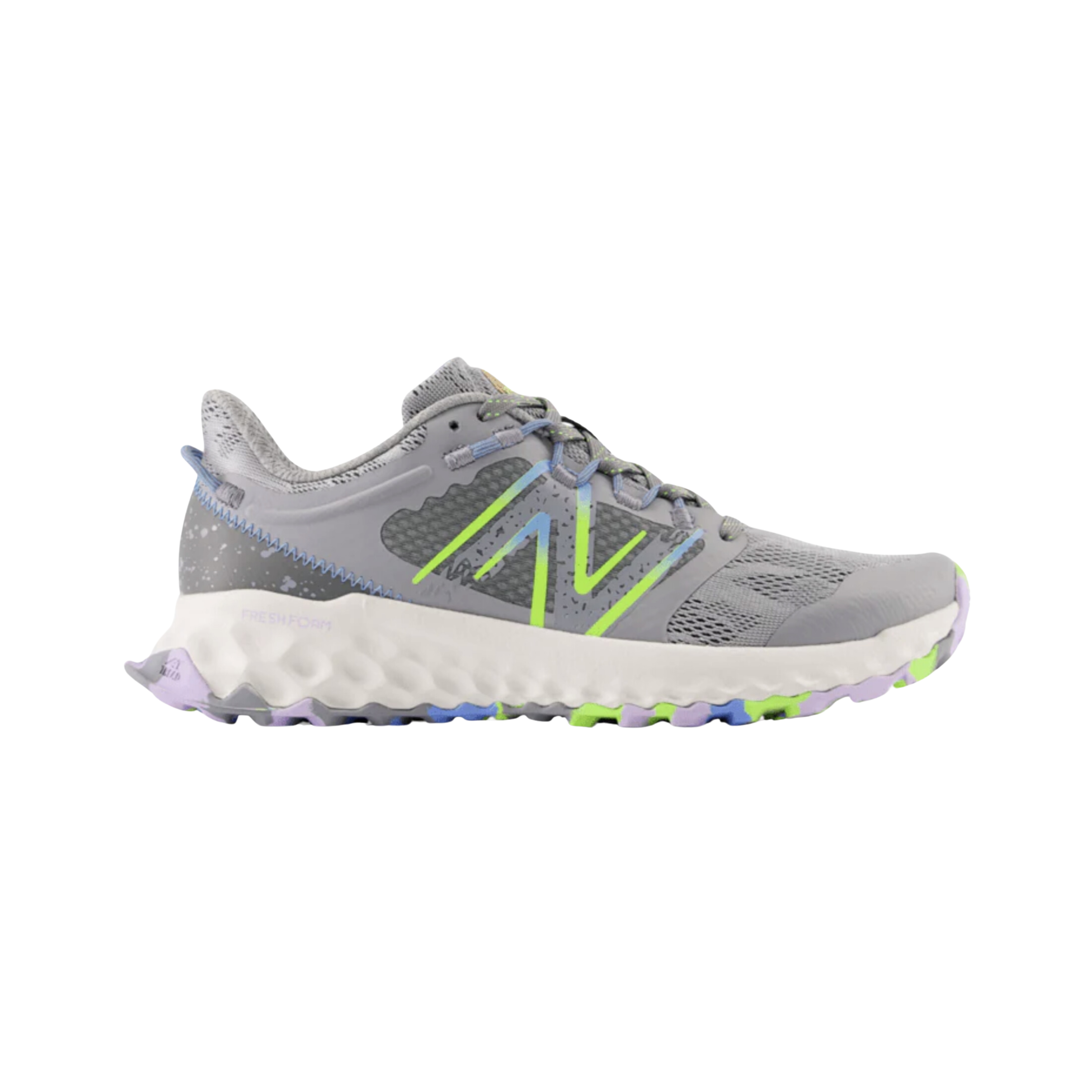 Side view of Women’s New Balance Fresh Foam Garo hiking shoe in grey, green, blue, purple, and white – featuring waterproof mesh upper for breathability and protection, Fresh Foam cushioning for all-day comfort, reinforced toe for durability, and rugged outsole for trail traction.