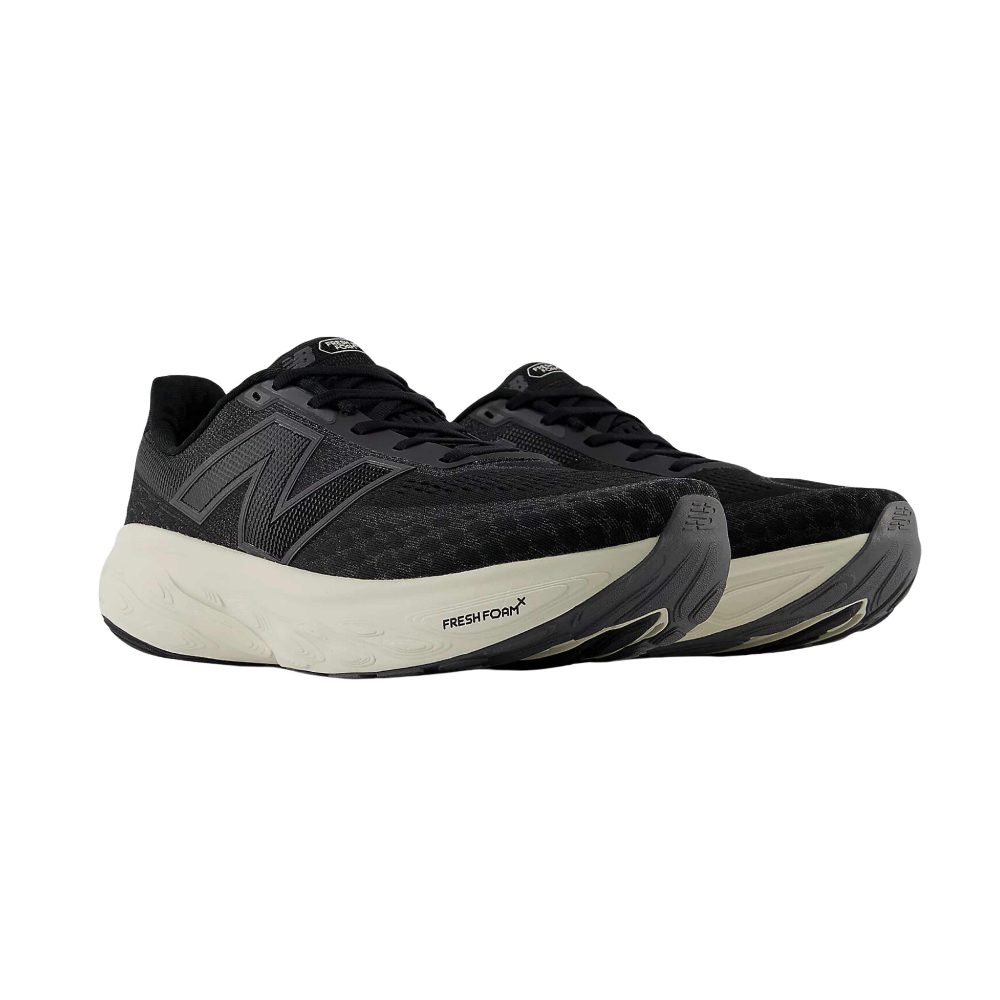 Side view of Men’s New Balance Fresh Foam x 1080v14 athletic shoes in black and white — featuring Hypoknit engineered upper for targeted support and flexibility, full-length Fresh Foam midsole for plush cushioning, rocker sole design for smooth transitions, and durable rubber outsole for traction.