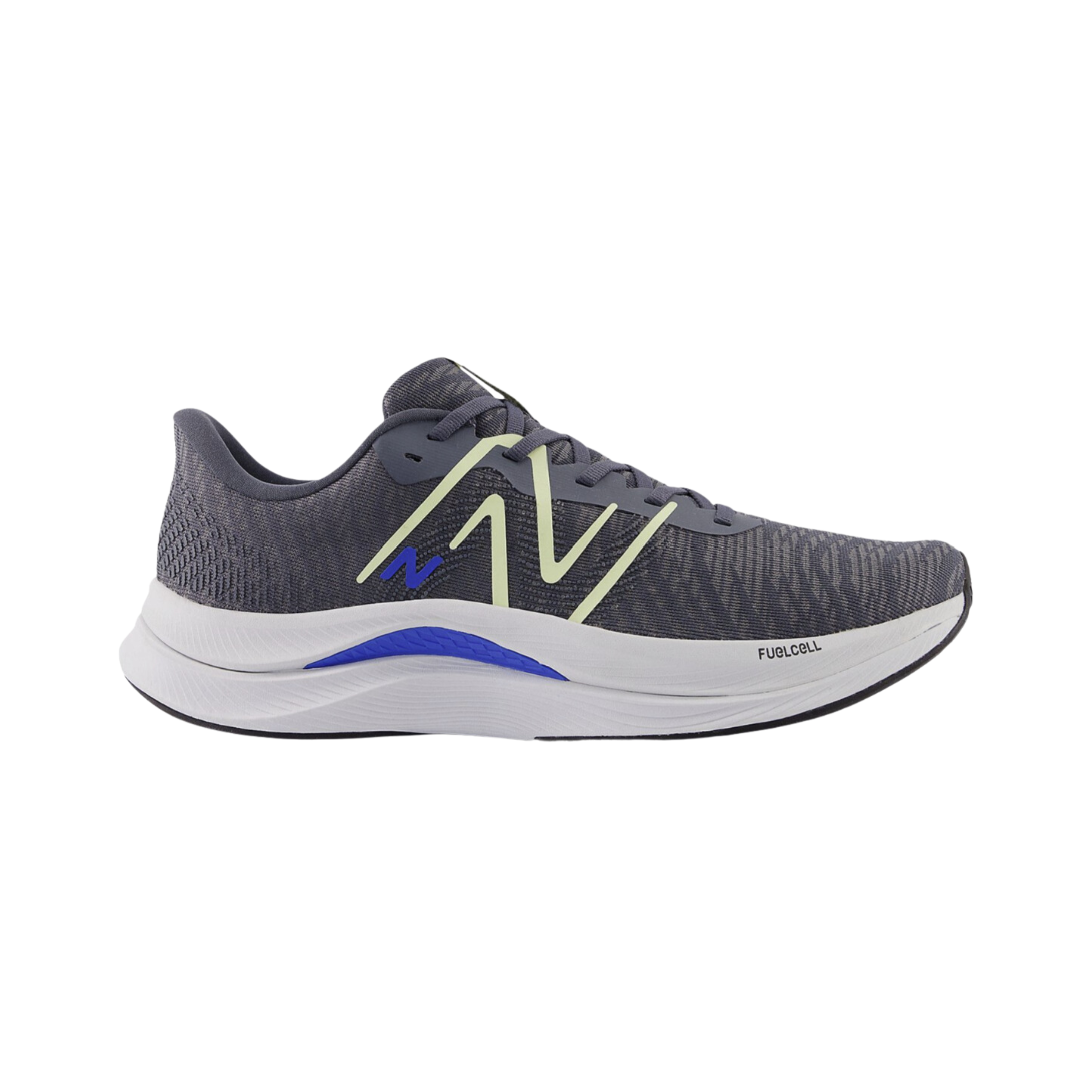 Side view of Men’s New Balance FuelCell Propel v4 athletic shoe in grey, yellow, blue, and white – featuring lightweight engineered mesh upper, FuelCell midsole for energetic responsiveness, padded collar for comfort, and durable outsole for multi-surface traction.