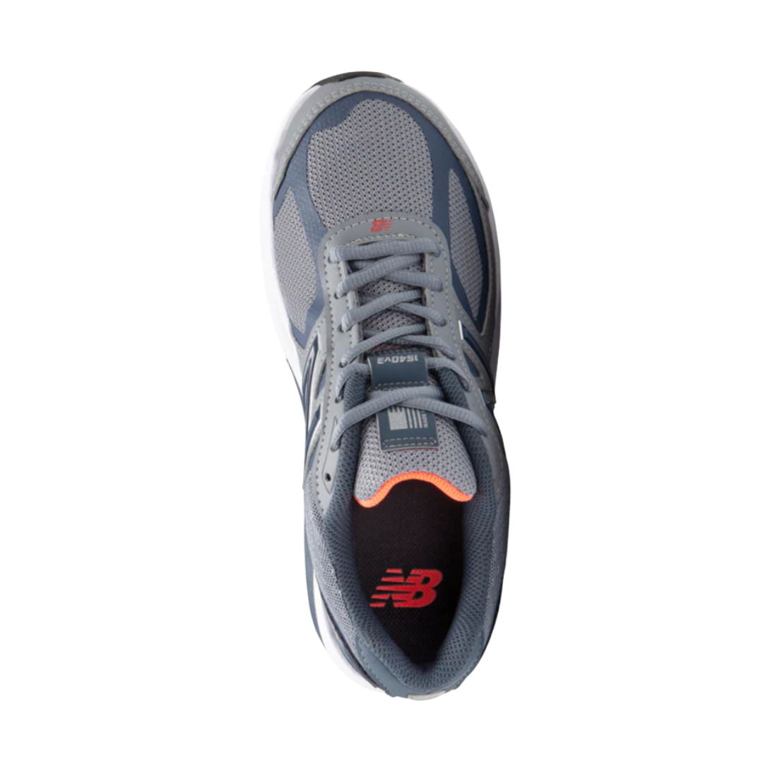 Top View of Women’s New Balance 1540v3 walking shoe in gunmetal with dragonfly – featuring breathable mesh and synthetic upper, padded tongue, and cushioned footbed for comfort.