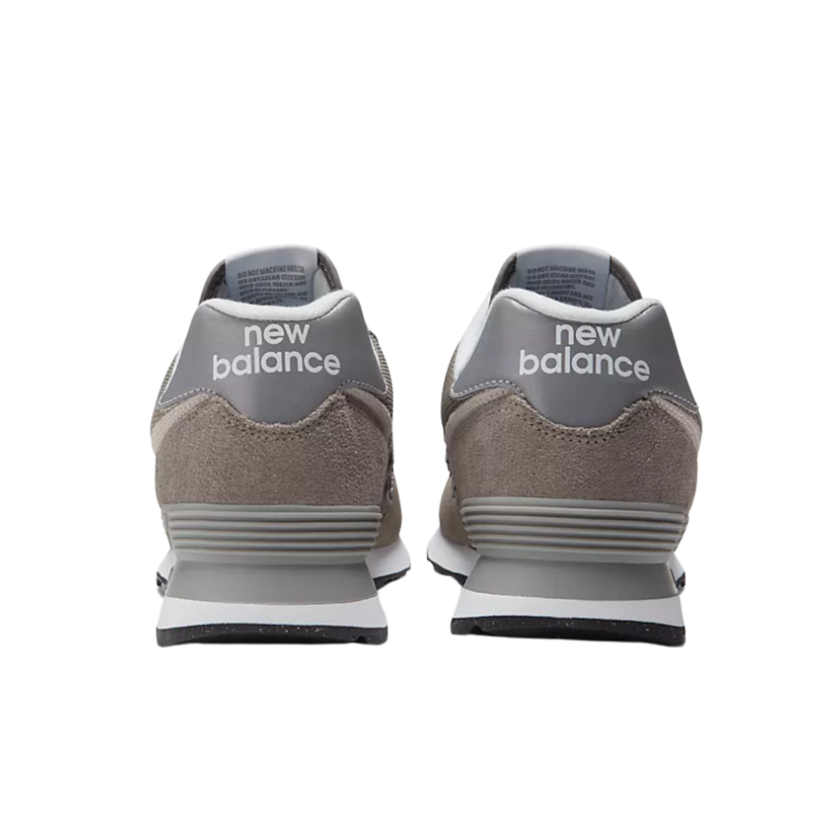 Back View of Men’s New Balance 574 casual sneaker in core grey with white – featuring sturdy heel counter, pull tab for easy wear, and branded heel patch.