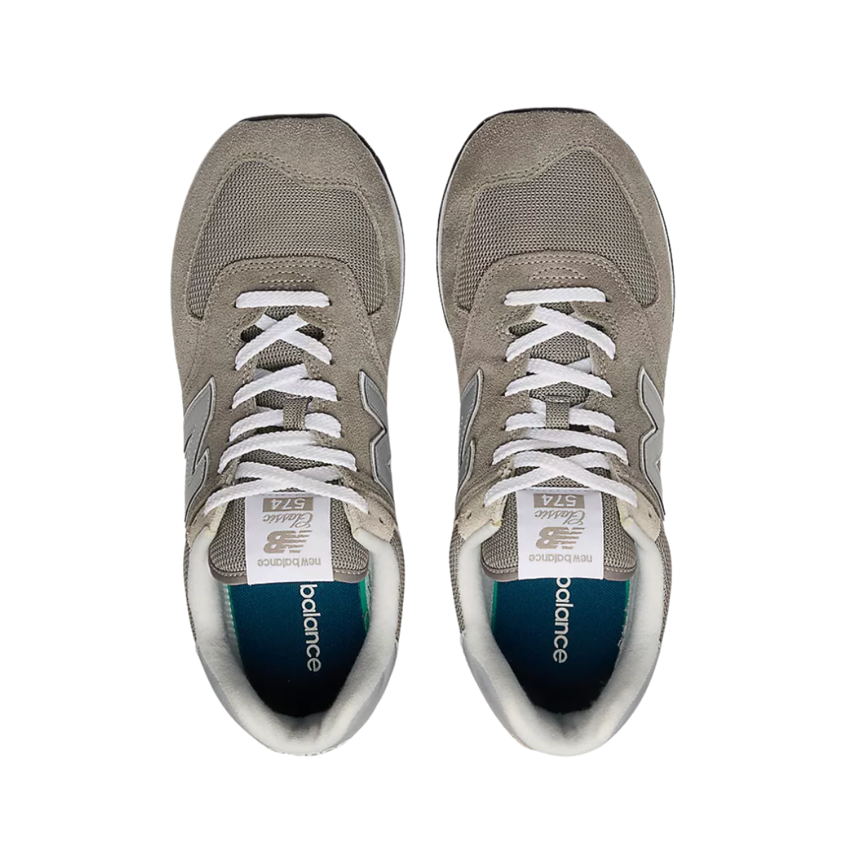 Top View of Men’s New Balance 574 casual sneaker in core grey with white accents – featuring cushioned insole, breathable mesh lining, and secure lace-up closure.
