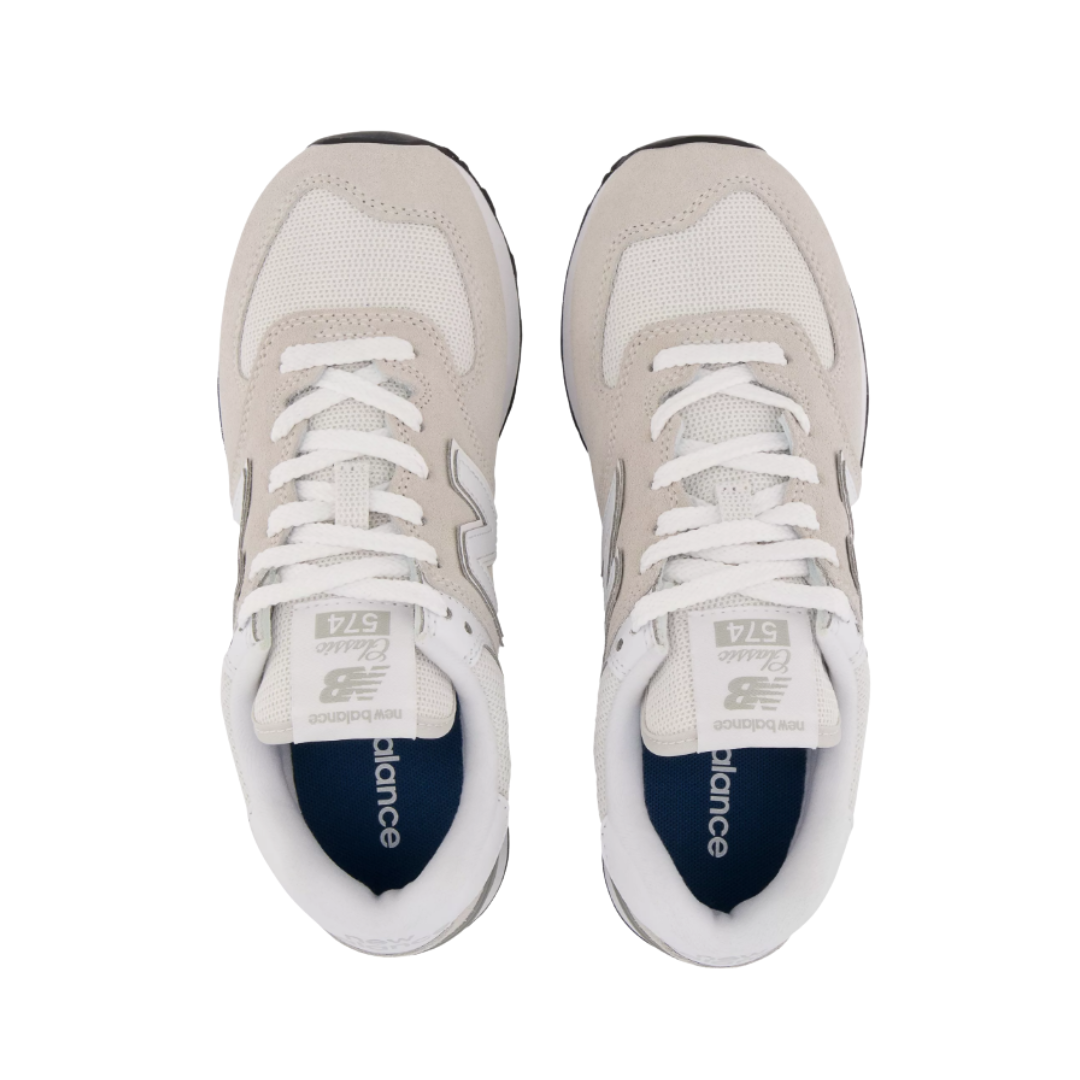 Top View of Women’s New Balance 574 Core lifestyle sneaker in nimbus cloud with white – featuring padded collar and tongue, traditional lacing system, and cushioned insole for comfort.
