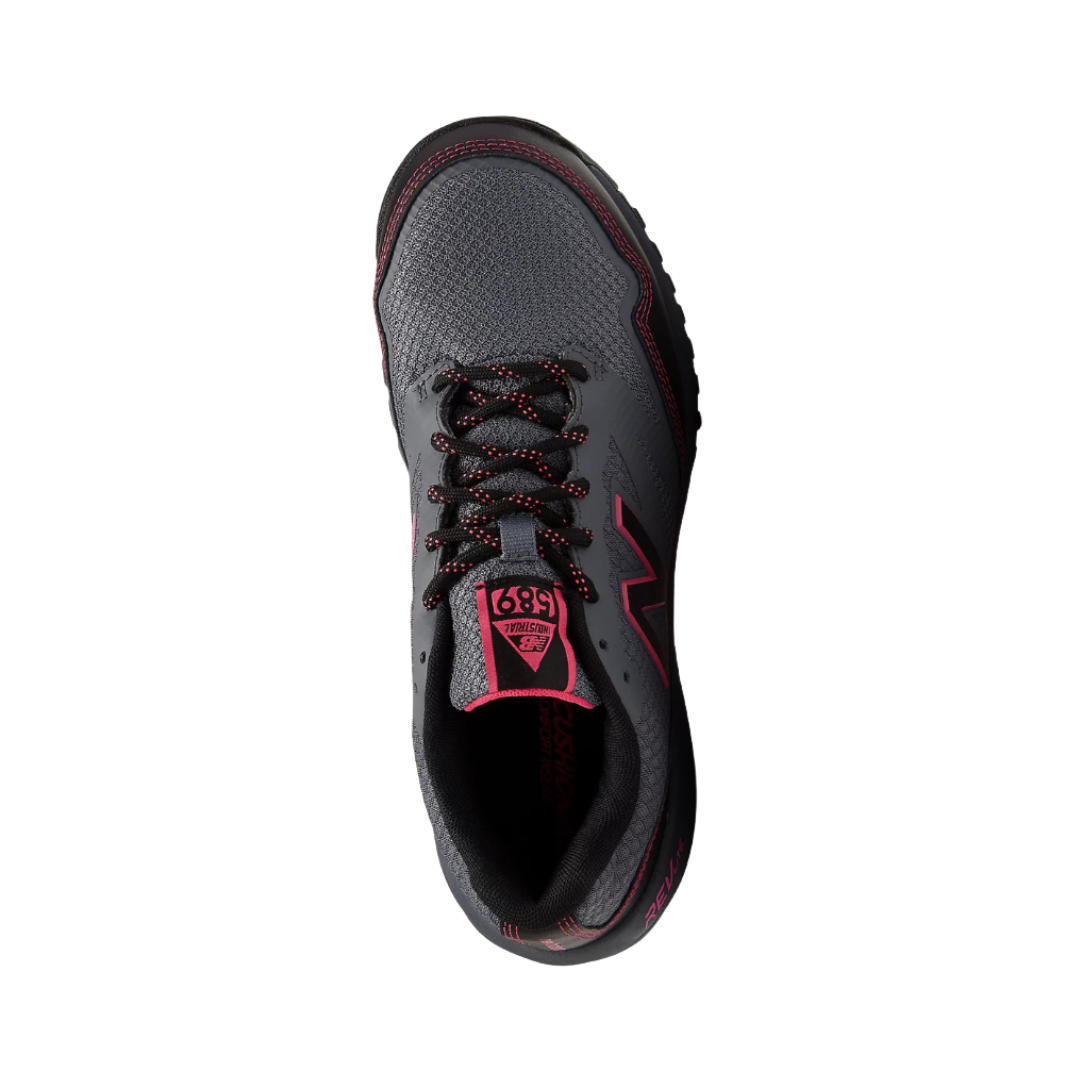 Top View of Women’s New Balance 589v1 Composite Toe Shoe in Grey with Pink – featuring breathable mesh upper with pink accents, padded collar and tongue for comfort, and lace-up closure for secure fit.