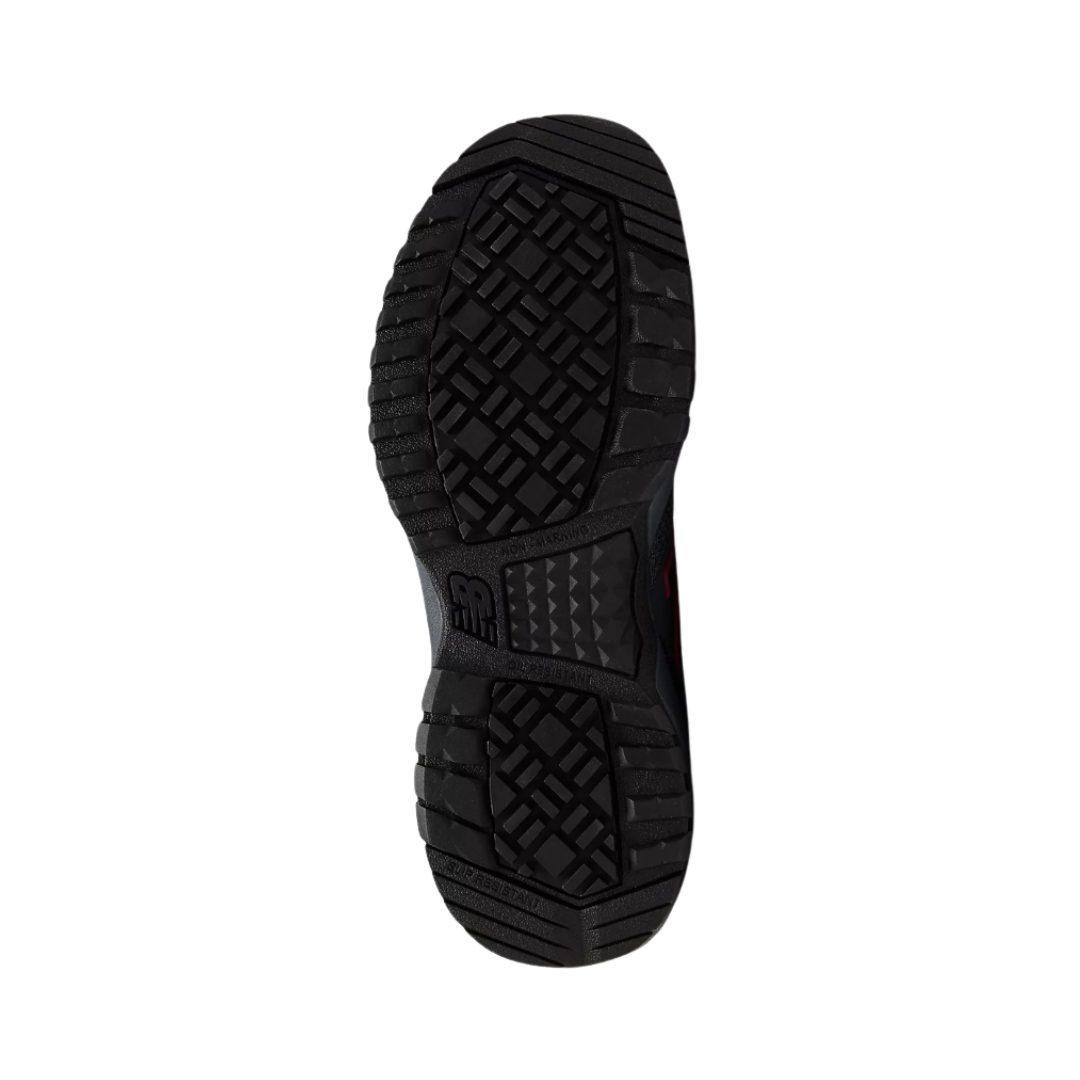 Bottom View of Women’s New Balance 589v1 Composite Toe Shoe in Grey with Pink – featuring slip-resistant rubber outsole with tread pattern for traction, flexible sole for natural movement, and reinforced heel for stability.