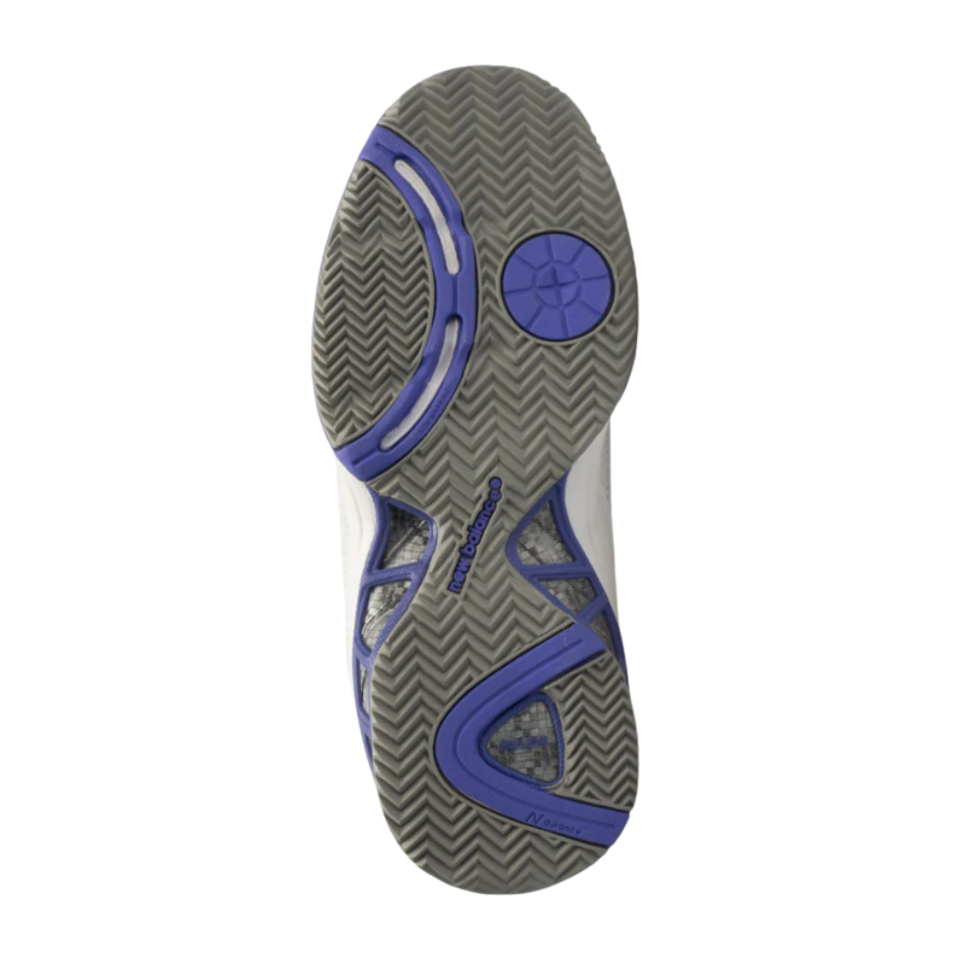 Bottom View of Women’s New Balance 806 running shoe in white – featuring durable rubber outsole with multidirectional traction pattern, flex grooves for natural foot movement, and shock-absorbing properties for enhanced stability.