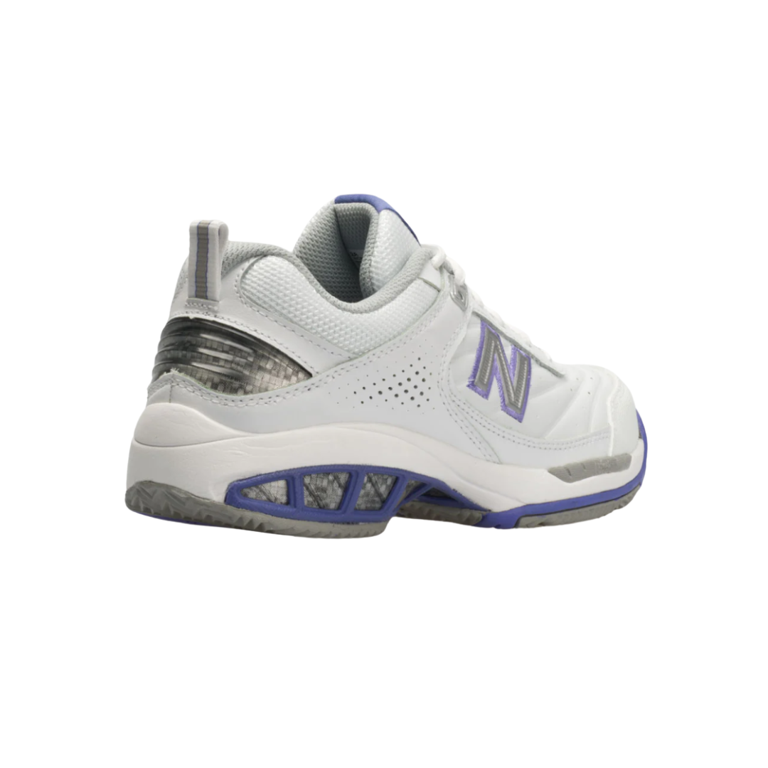 Angled View of Women’s New Balance 806 running shoe in white – featuring ABZORB midsole cushioning for impact absorption, synthetic overlays for added durability and support, and breathable mesh panels to keep feet cool.