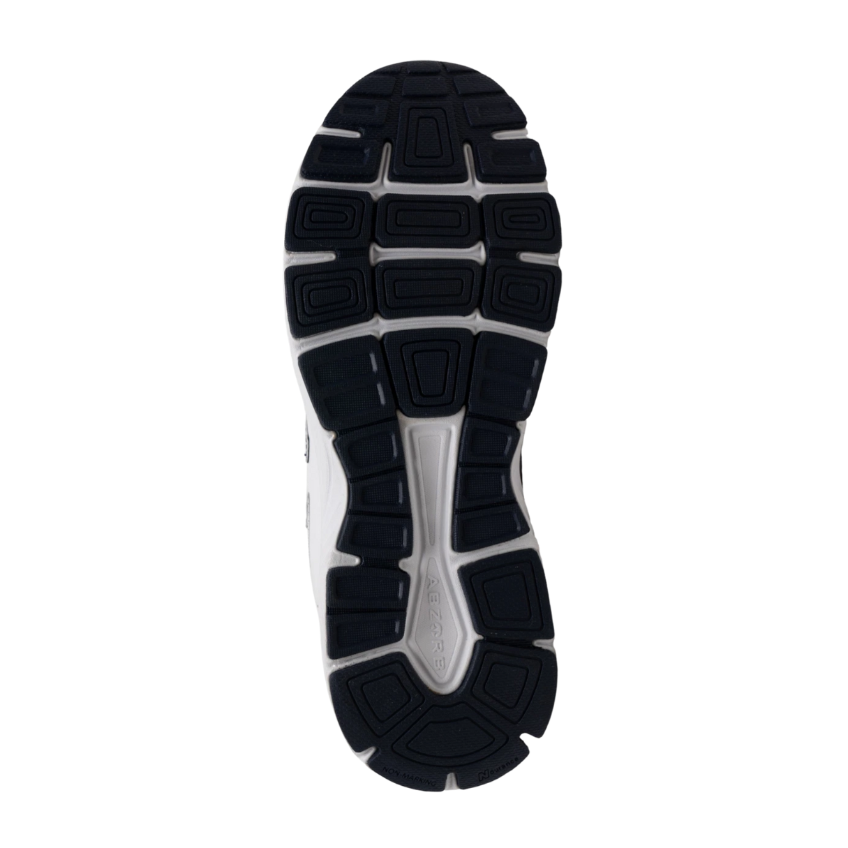 Bottom View of Men’s New Balance 840v2 running shoe in white with navy and grey accents – featuring durable rubber outsole with multi-surface traction, flex grooves for natural foot movement, and reinforced heel for stability.