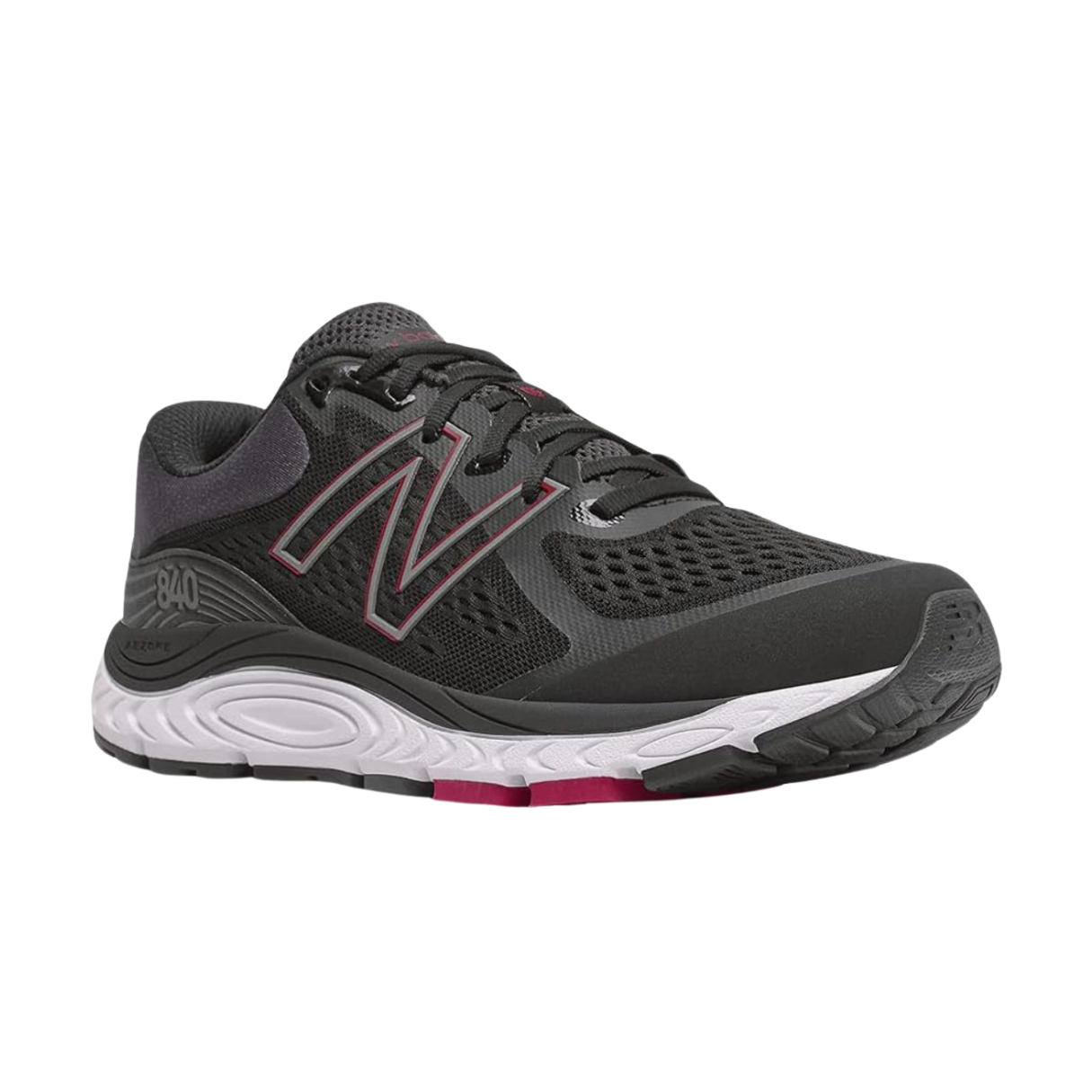 Side View of Men’s New Balance 840v5 running shoe in black with horizon accents – featuring engineered mesh upper for breathability, ABZORB midsole for shock absorption, and supportive overlays for stability.