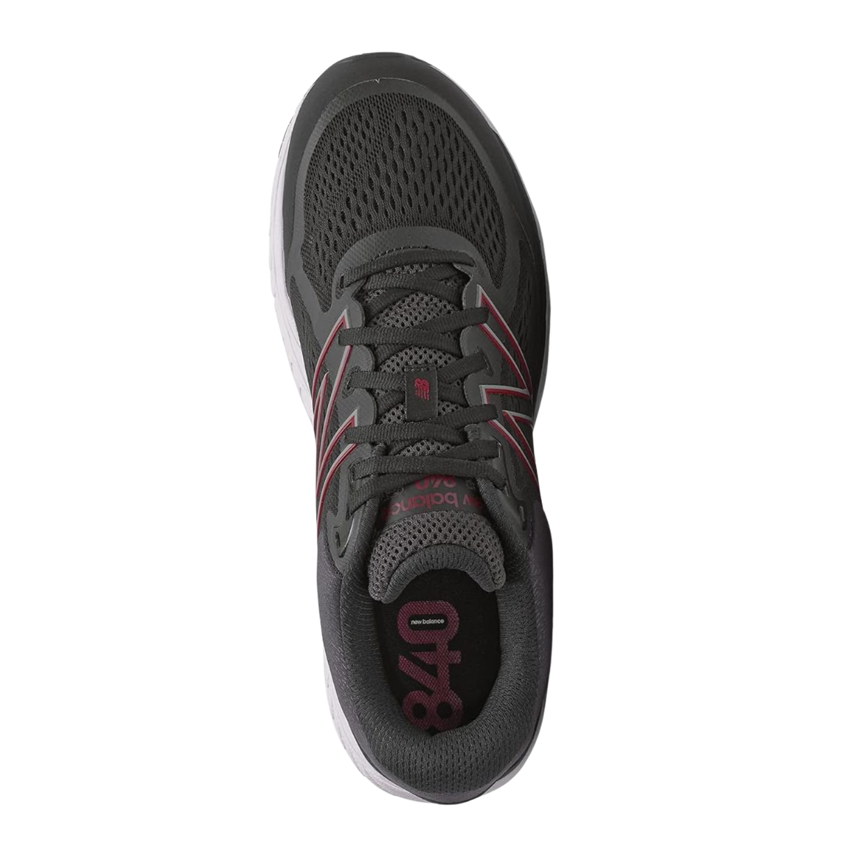 Top View of Men’s New Balance 840v5 running shoe in black with horizon accents – featuring engineered mesh upper for breathability, ABZORB midsole for shock absorption, and supportive overlays for stability.