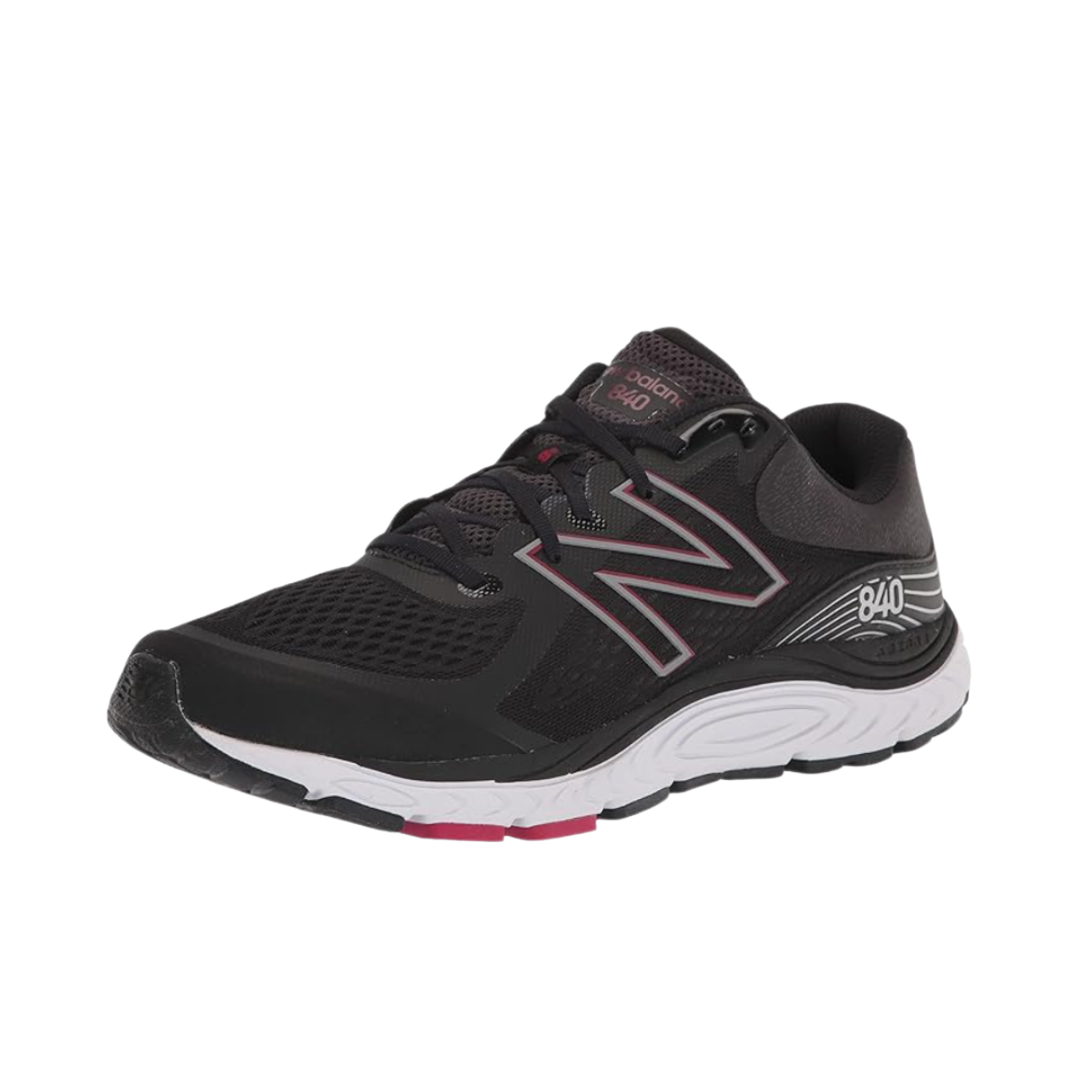 Angled View of Men’s New Balance 840v5 running shoe in black with horizon accents – featuring padded collar and tongue for comfort, secure lace-up closure, and subtle reflective details for visibility.