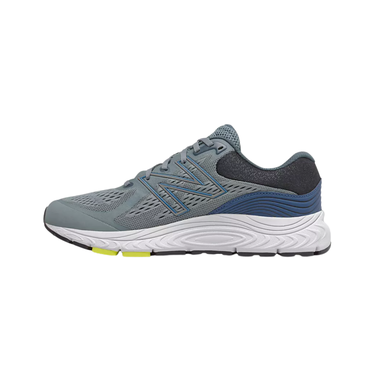 Side View of Men’s New Balance 840v5 running shoe in ocean grey with oxygen blue – featuring engineered mesh upper for breathability, ABZORB midsole for shock absorption, and supportive overlays for stability.