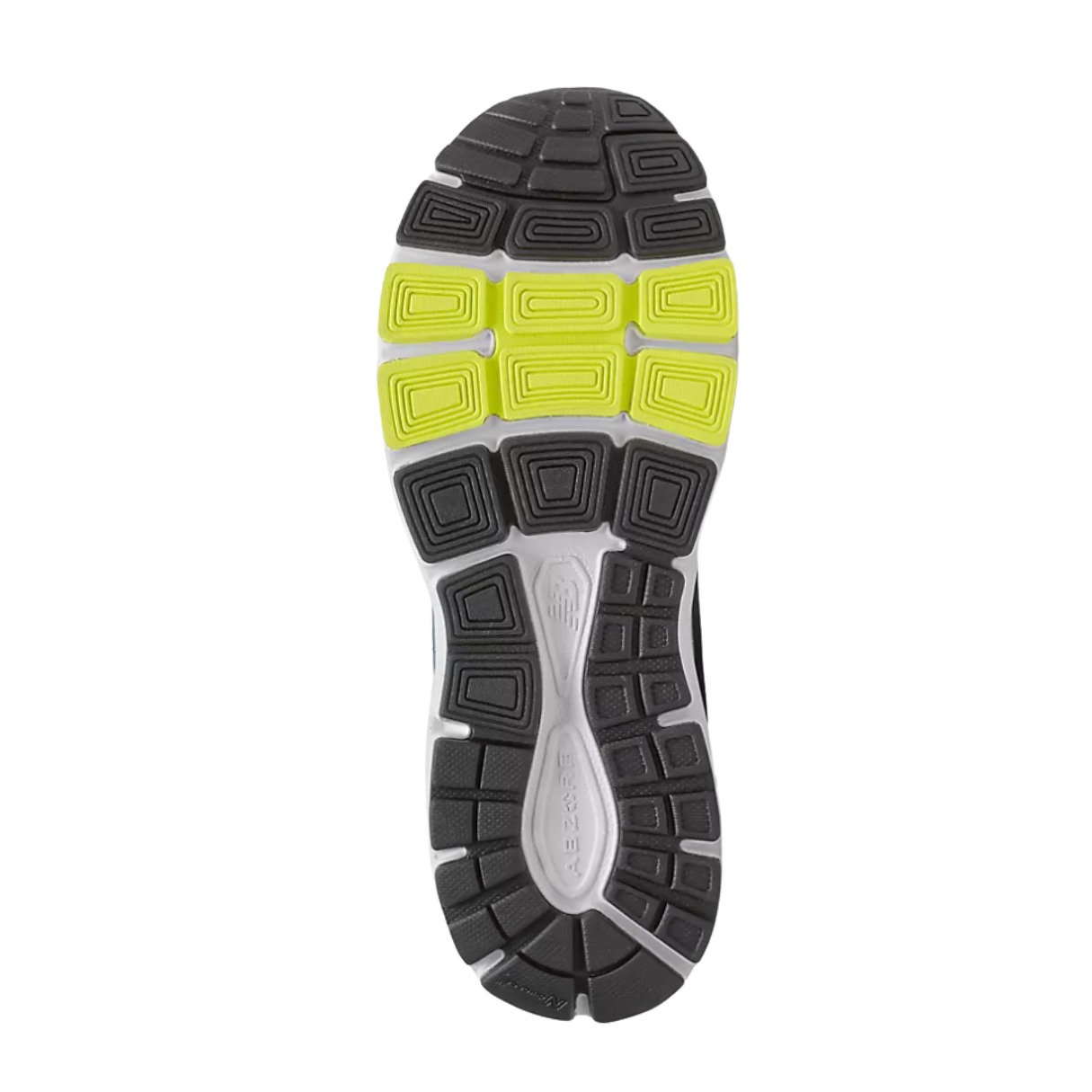 Bottom View of Men’s New Balance 840v5 running shoe in ocean grey with oxygen blue – featuring durable rubber outsole with multi-surface traction, flex grooves for natural movement, and reinforced heel for durability.