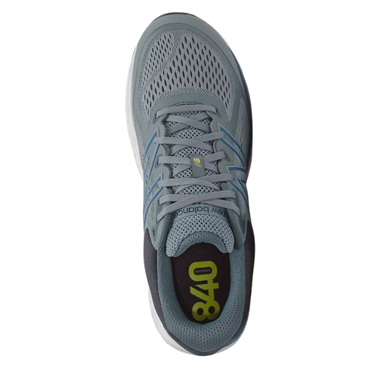 Top View of Men’s New Balance 840v5 running shoe in ocean grey with oxygen blue – featuring engineered mesh upper for breathability, ABZORB midsole for shock absorption, and supportive overlays for stability.