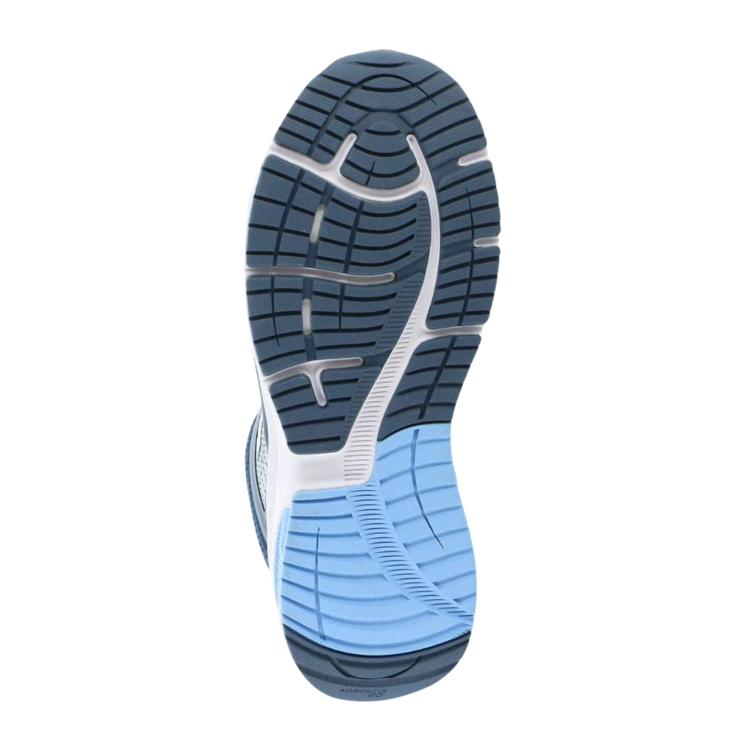 Bottom View of Women’s New Balance 847v4 walking shoe in light aluminum with vintage indigo and team carolina – featuring durable rubber outsole, segmented tread design, and ROLLBAR stability technology for motion control.