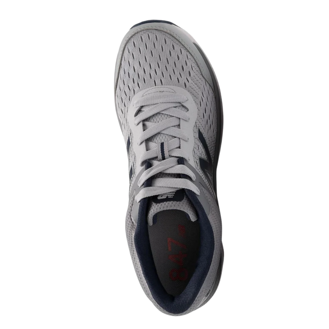 Top  View of Men’s New Balance 847v4 walking shoe in Silver Mink/Gunmetal – featuring ventilated mesh forefoot, reinforced toe cap, and lace-up closure for secure fit.