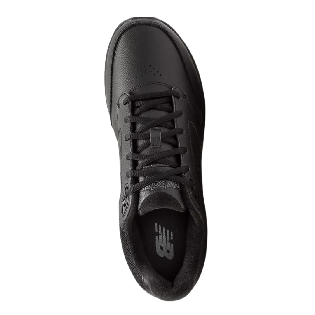Top  View of Men’s New Balance 928v3 walking shoe in black – featuring traditional lace-up closure, wide toe box, and seamless vamp for comfort and fit.