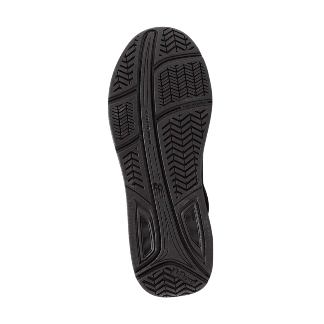 Bottom view of Women’s New Balance 928v3 walking shoe in Black – featuring a slip-resistant rubber outsole for enhanced traction and stability.