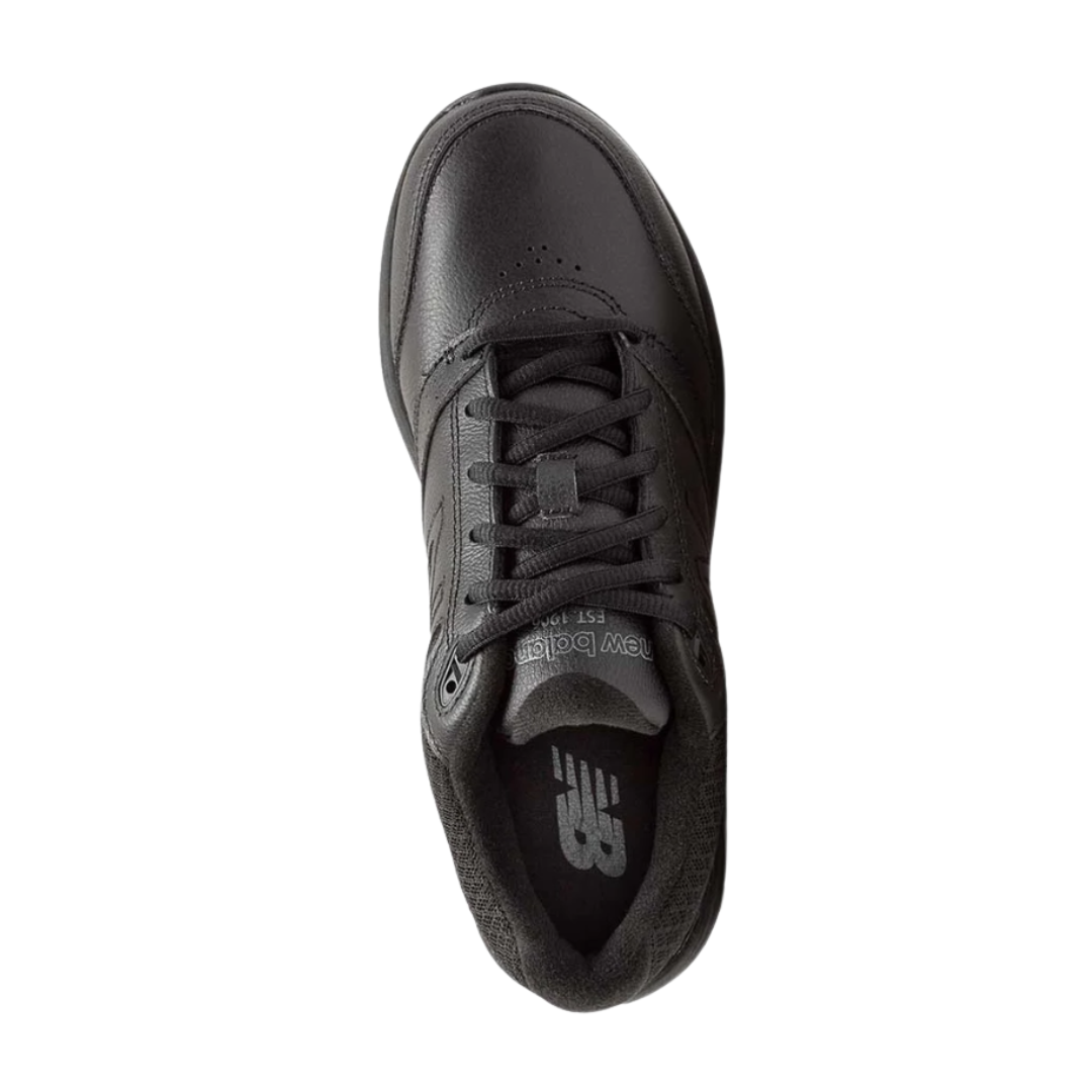 Top view of Women’s New Balance 928v3 walking shoe in Black – featuring a durable leather upper, cushioned midsole for shock absorption, and breathable lining for all-day comfort.