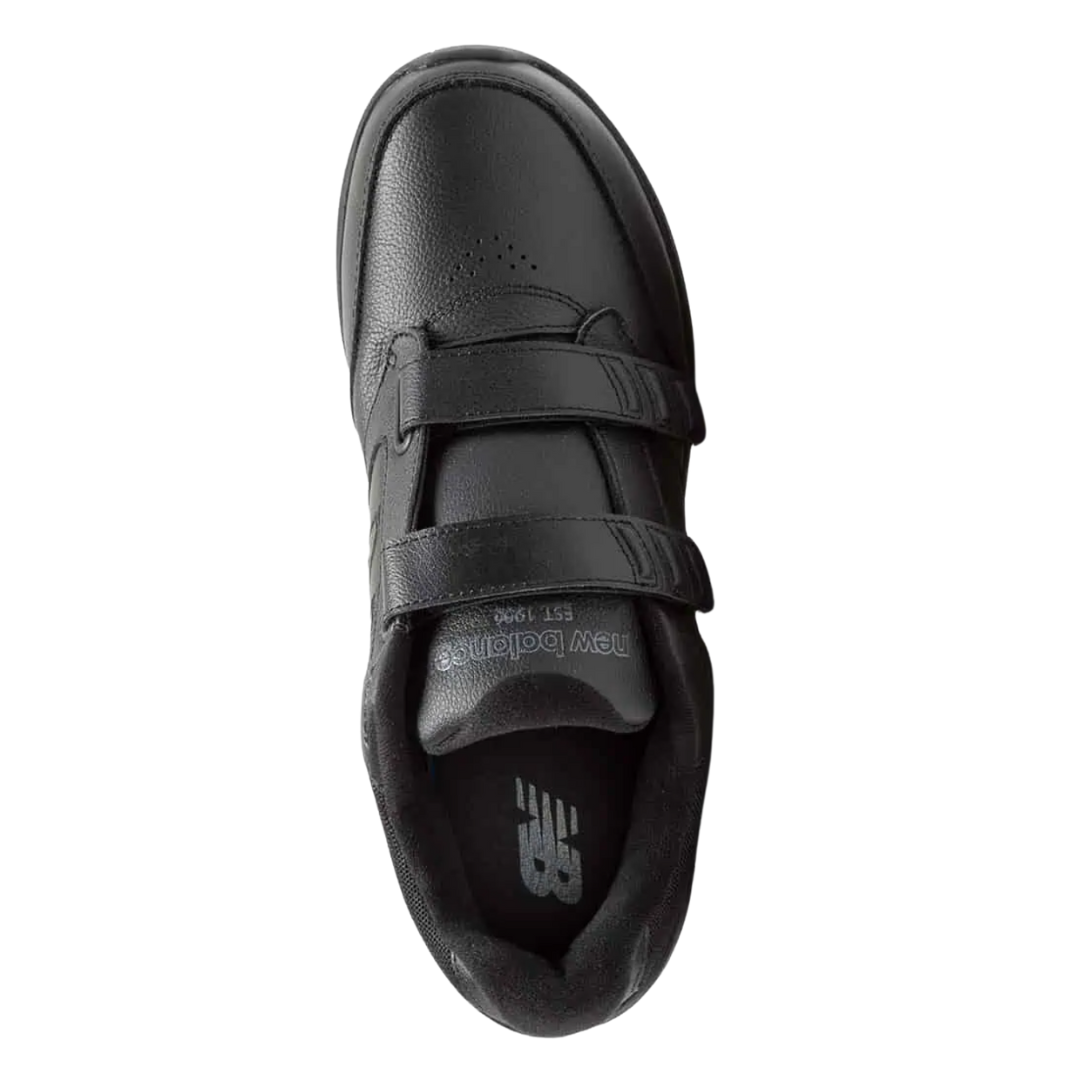 Top View of Men’s New Balance 928v3 Hook and Loop walking shoe in black – featuring premium leather upper, ROLLBAR stability technology, and dual hook-and-loop straps for easy fastening.