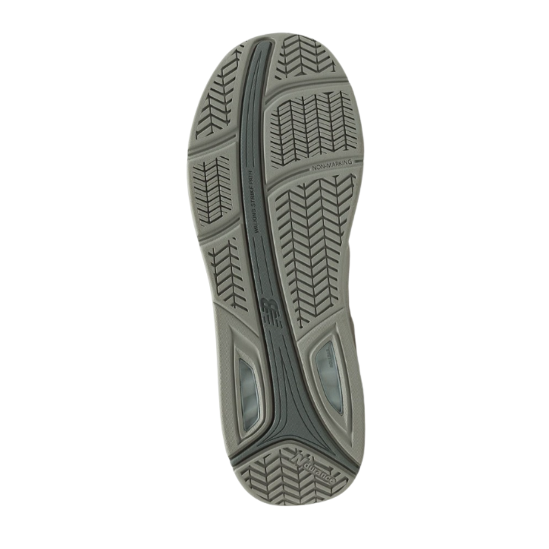 Bottom View of Men’s New Balance 928v3 walking shoe in white – featuring durable slip-resistant rubber outsole, flex grooves for flexibility, and stabilizing tread pattern for traction on varied surfaces.