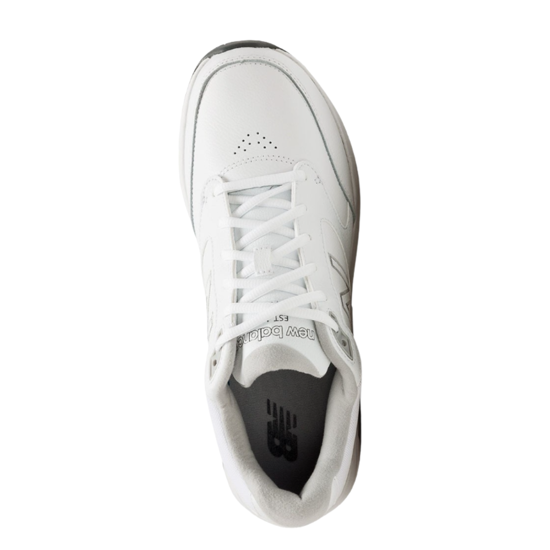 Top View of Men’s New Balance 928v3 walking shoe in white – featuring breathable mesh lining for enhanced ventilation, padded collar and tongue for all-day comfort, and secure lace-up closure.
