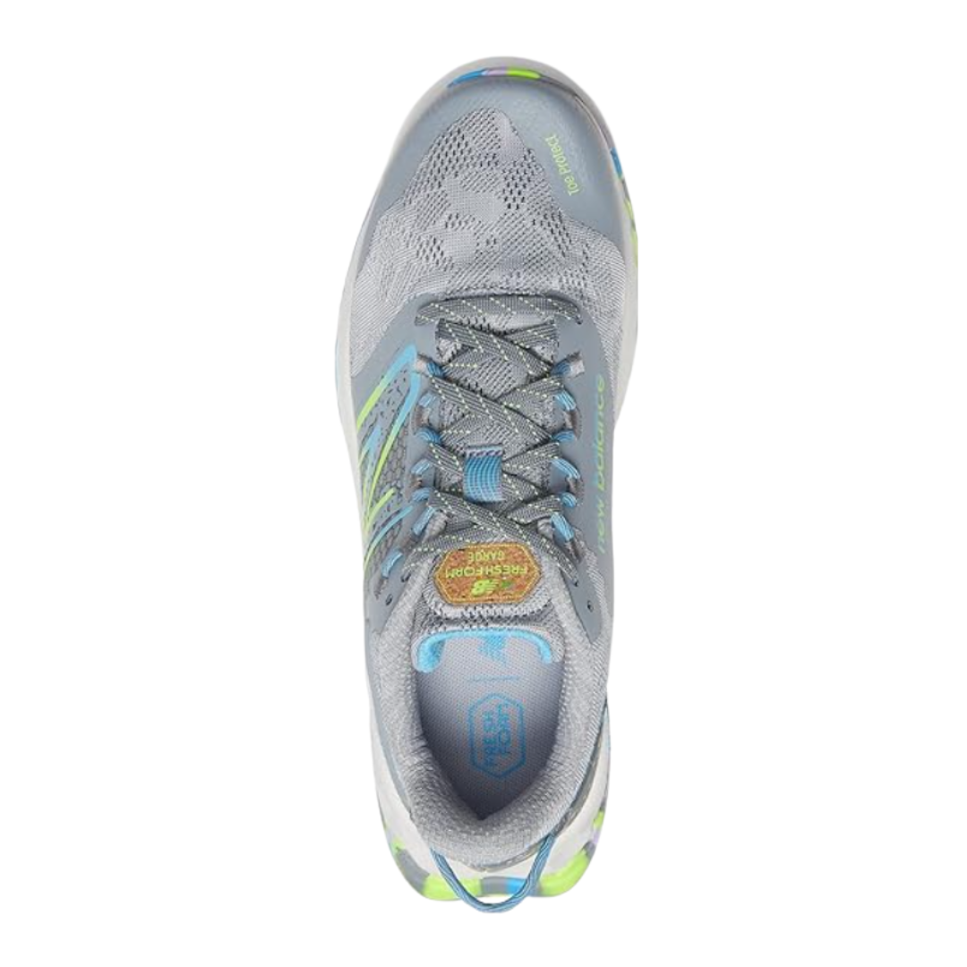 Top View of Women’s New Balance Fresh Foam Garo trail shoe in silver mink with pixel green – featuring breathable mesh upper, cushioned insole, and lightweight design for long-lasting comfort.