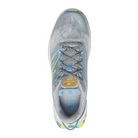 Top View of Women’s New Balance Fresh Foam Garo trail shoe in silver mink with pixel green – featuring breathable mesh upper, cushioned insole, and lightweight design for long-lasting comfort.