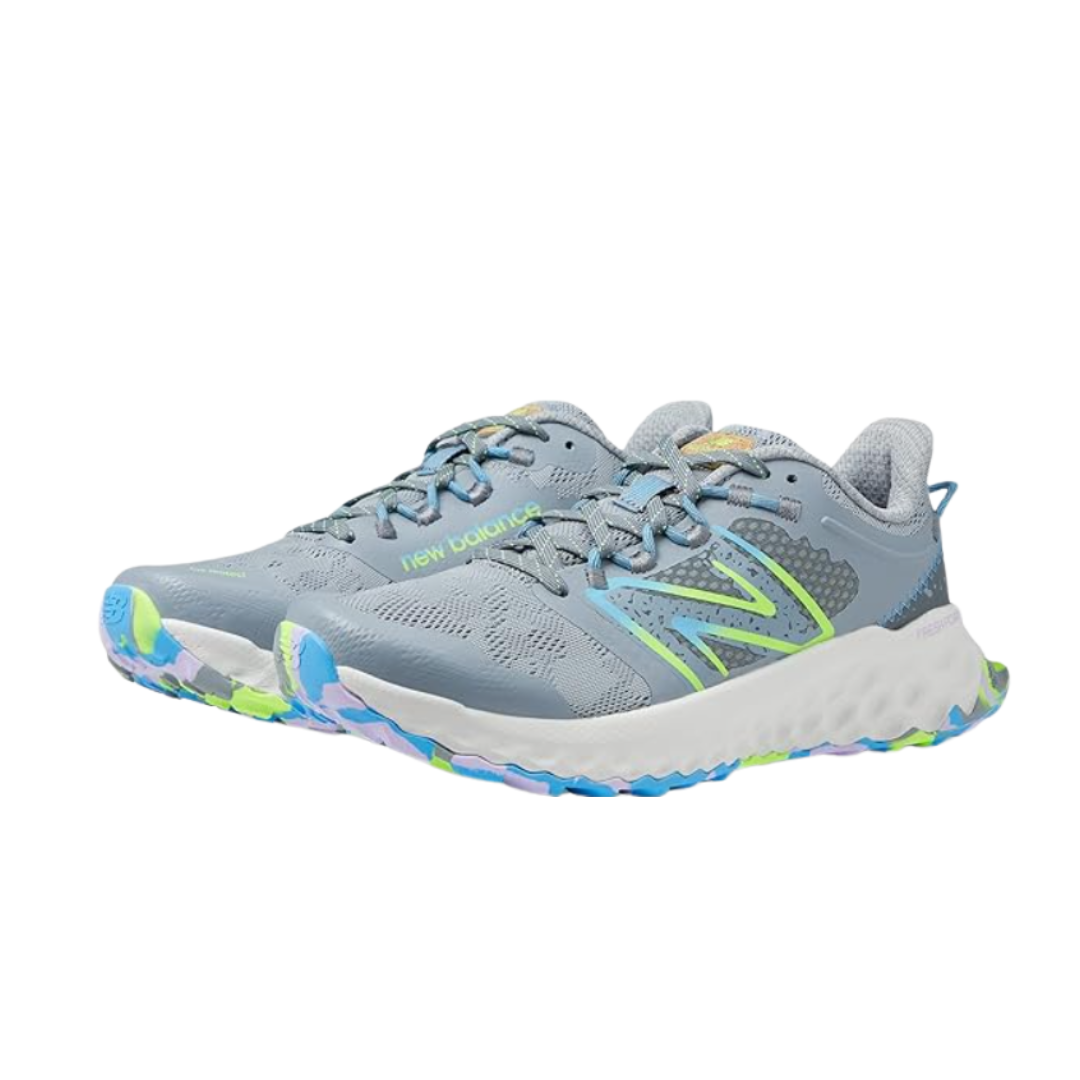 Side View of Women’s New Balance Fresh Foam Garo trail shoe in silver mink with pixel green – featuring Fresh Foam midsole for responsive cushioning, protective toe cap, and supportive synthetic overlays.