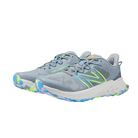 Side View of Women’s New Balance Fresh Foam Garo trail shoe in silver mink with pixel green – featuring Fresh Foam midsole for responsive cushioning, protective toe cap, and supportive synthetic overlays.