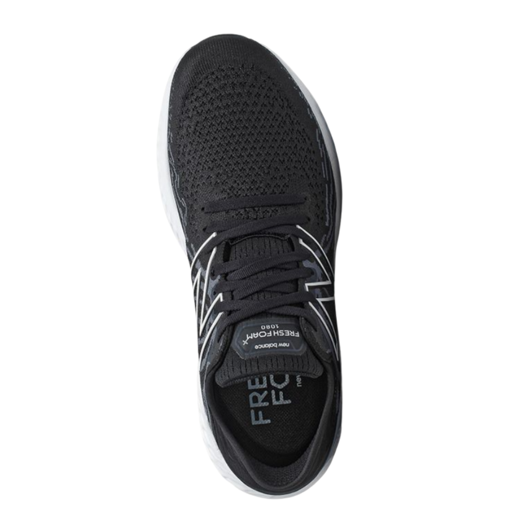 Top View of Men’s New Balance Fresh Foam X 1080v11 running shoe in black with thunder and white – featuring Fresh Foam midsole cushioning for plush support, synthetic overlays for durability, and breathable mesh panels.