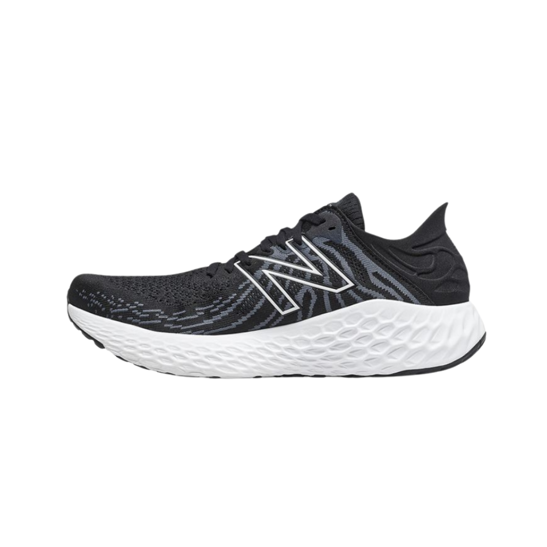 Side View of Men’s New Balance Fresh Foam X 1080v11 running shoe in black with thunder and white – featuring Fresh Foam midsole cushioning for plush support, synthetic overlays for durability, and breathable mesh panels.