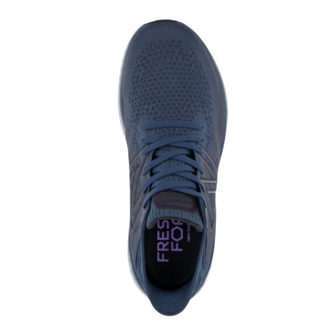 Top View of Men’s New Balance Fresh Foam X 1080v11 running shoe in deep ocean with grey and deep violet – featuring engineered mesh upper for breathability, padded tongue, and cushioned collar for comfort.