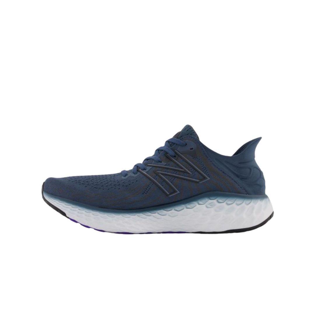 Side View of Men’s New Balance Fresh Foam X 1080v11 running shoe in deep ocean with grey and deep violet – featuring Fresh Foam midsole cushioning for plush support, synthetic overlays for durability, and breathable mesh panels.