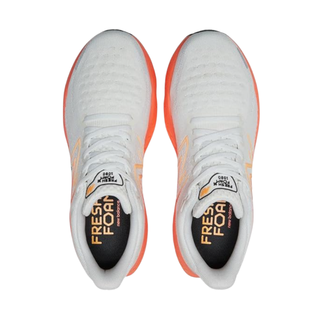 Top View of Men’s New Balance Fresh Foam X 1080v12 running shoe in white with orange – featuring cushioned insole, breathable mesh lining, and lace-up closure for a secure fit.