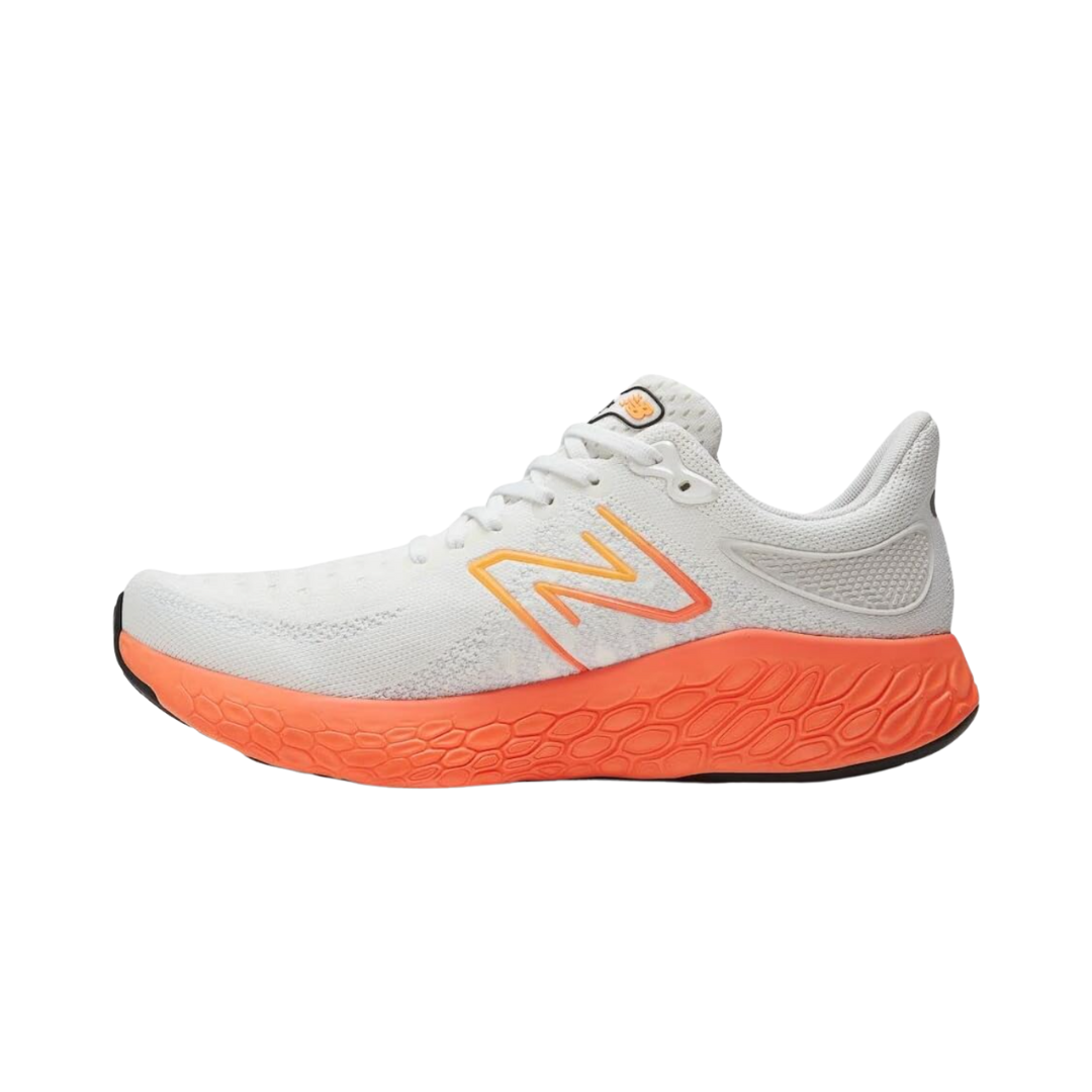 Side View of Men’s New Balance Fresh Foam X 1080v12 running shoe in white with orange – featuring Fresh Foam midsole cushioning for plush comfort, supportive synthetic overlays, and breathable mesh panels.